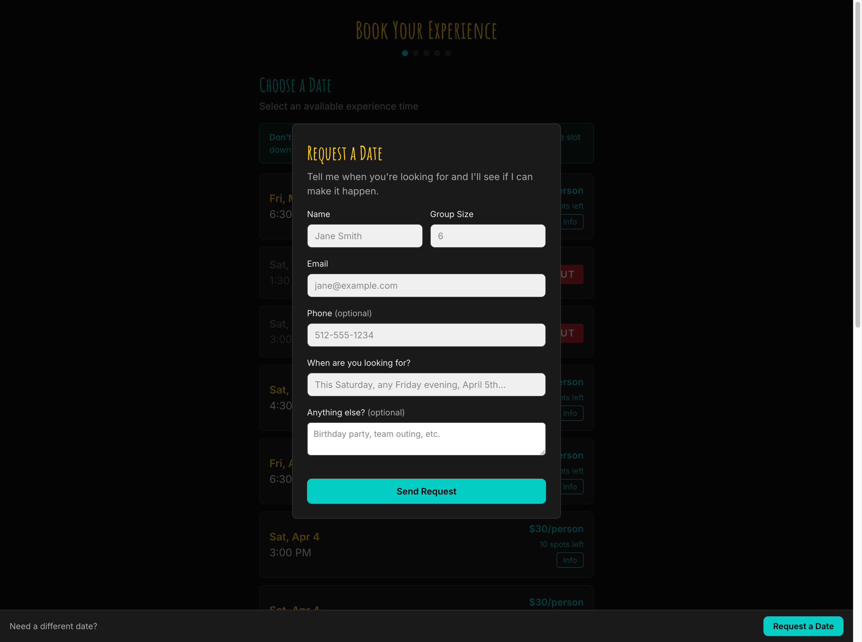 Request a Date modal form