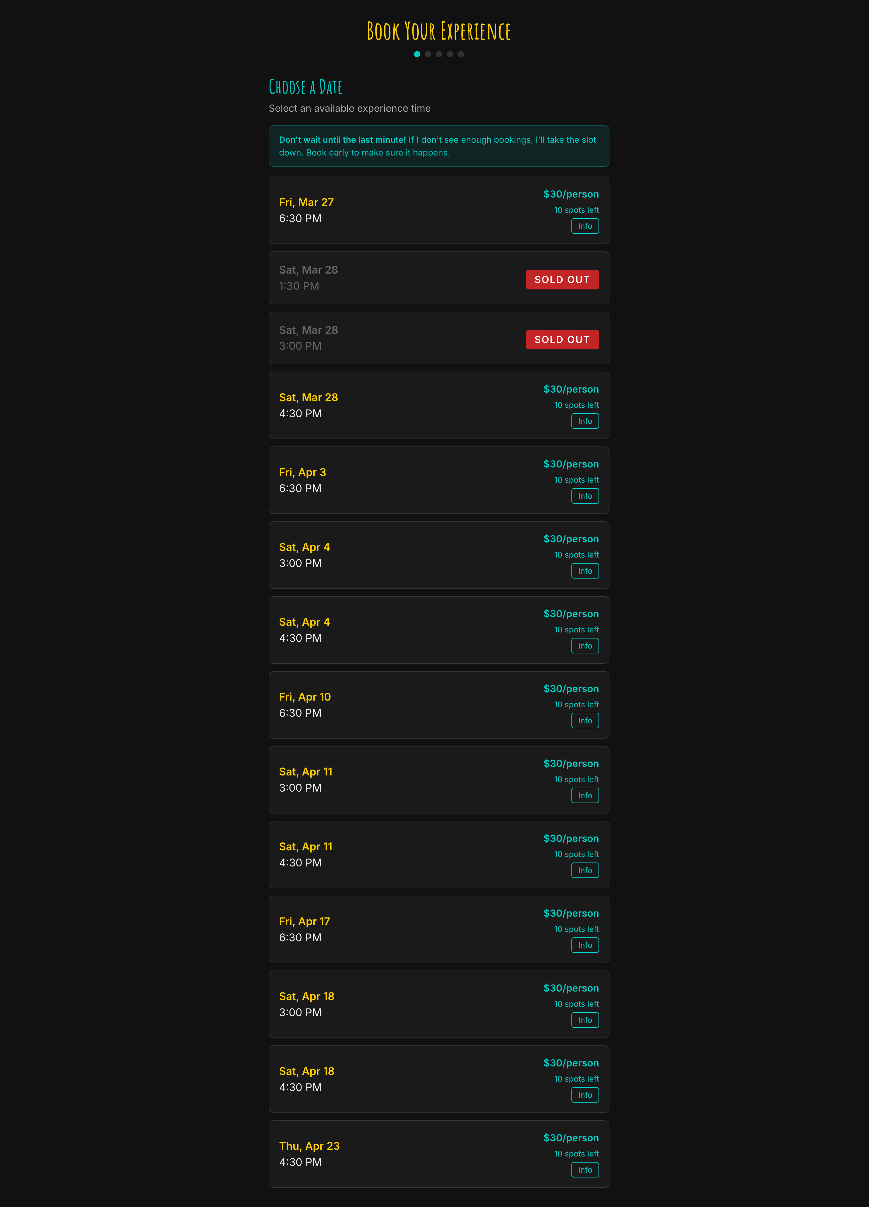 Before: booking page with no CTA after slots