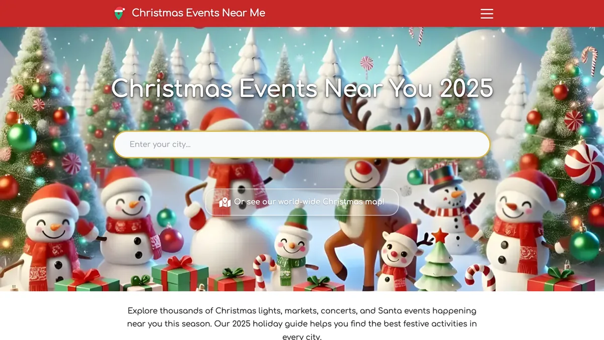 Christmas Events Near Me homepage with city search