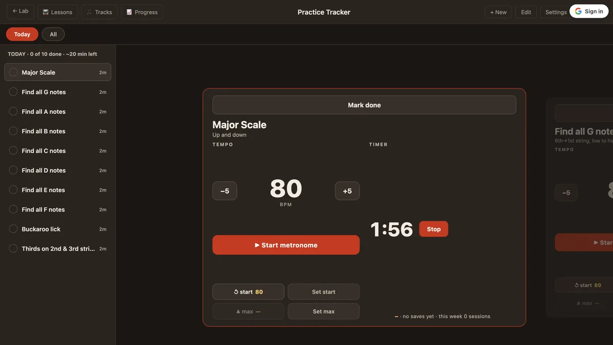 Practice tracker app showing drill queue, tempo and metronome