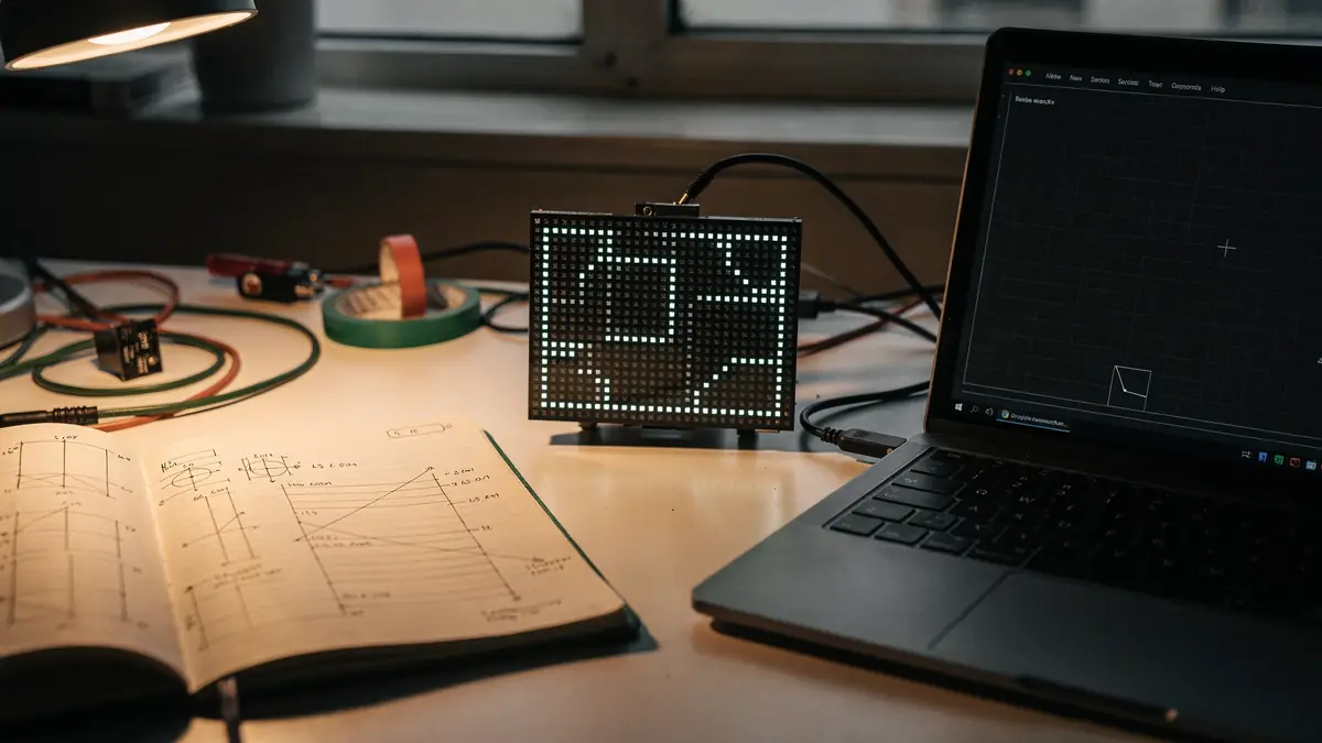 An LED panel displaying a calibration test pattern beside hand-drawn coordinate notes