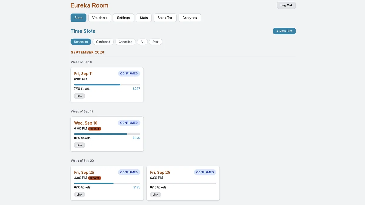 The booking admin: upcoming slots with tickets sold and revenue per showing
